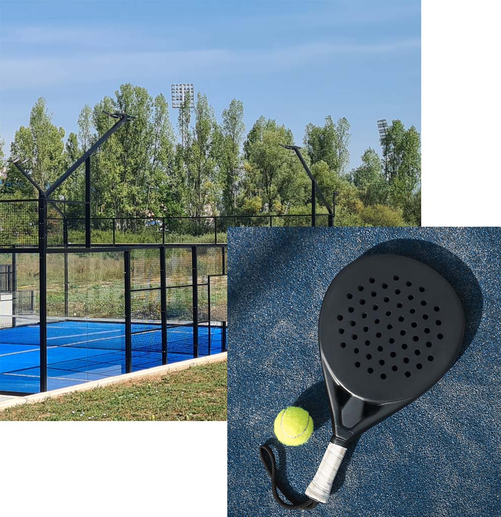 Padel teren sa plavom podlogom, reketom i lopticom – ponuda padel terena Classic, Panoramic i Full Panoramic